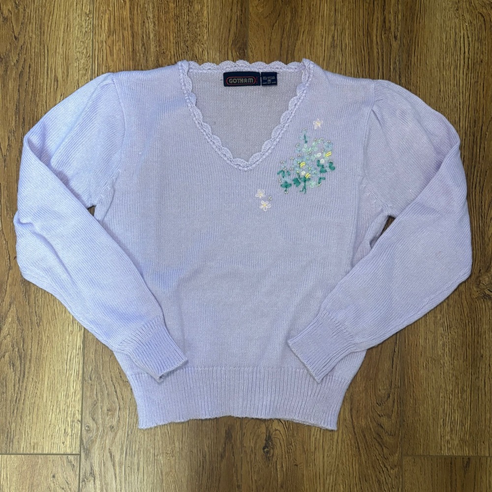 VTG 90s Lavender Floral Embroidered Sweater Scalloped Trim‎ Womens M Cottagecore